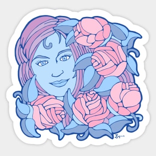 Beautiful Woman with Five Pink Pastel Roses Sticker